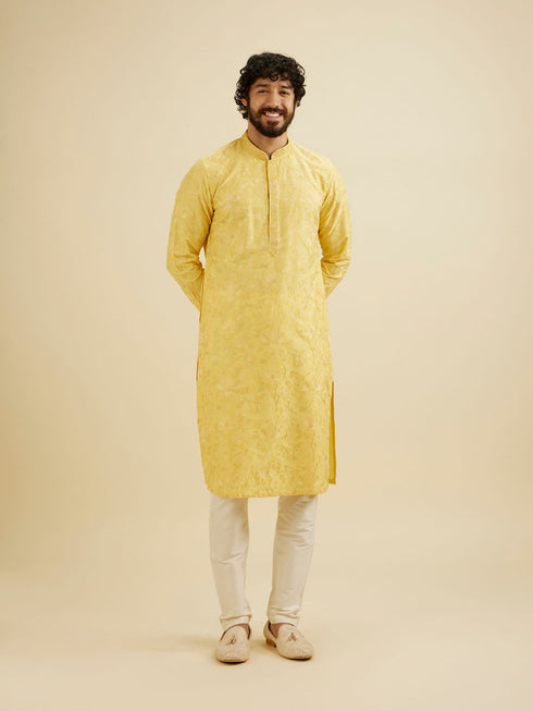 Manyavar Buttercup Yellow Bel Buti Patterned Kurta Set