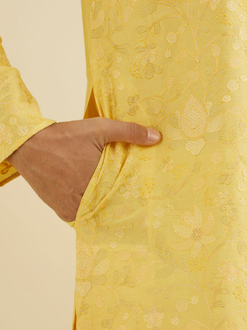 Manyavar Buttercup Yellow Bel Buti Patterned Kurta Set