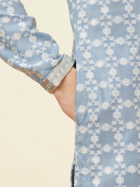 Manyavar Silver Grey Floral Jaal Patterned Kurta Set