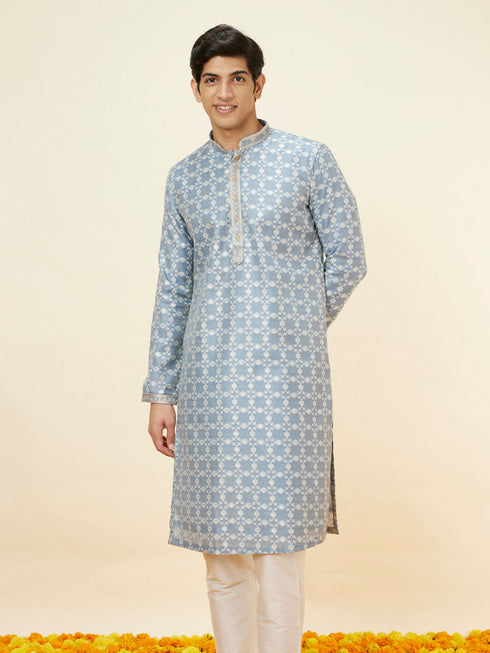 Manyavar Silver Grey Floral Jaal Patterned Kurta Set
