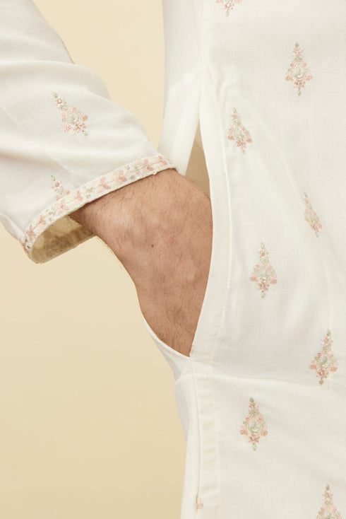 Manyavar Light Cream Thread Embroidered Kurta Pajama