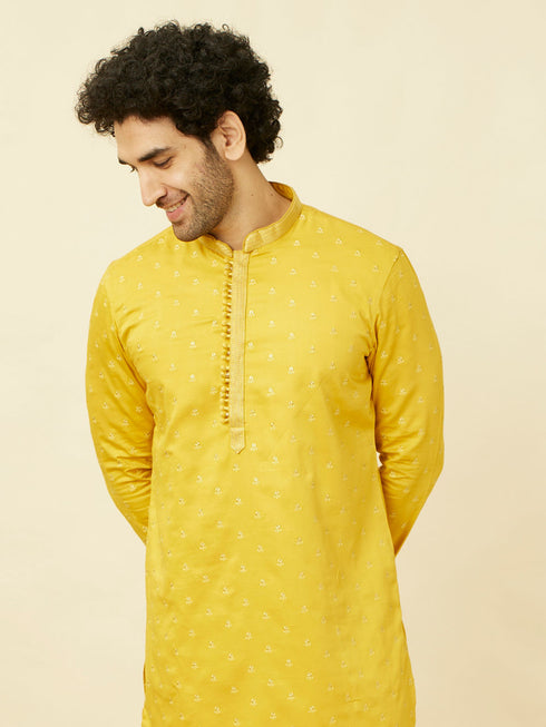 Manyavar Yellow Cotton Kurta Pajama with Embroidery