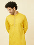 Manyavar Yellow Cotton Kurta Pajama with Embroidery