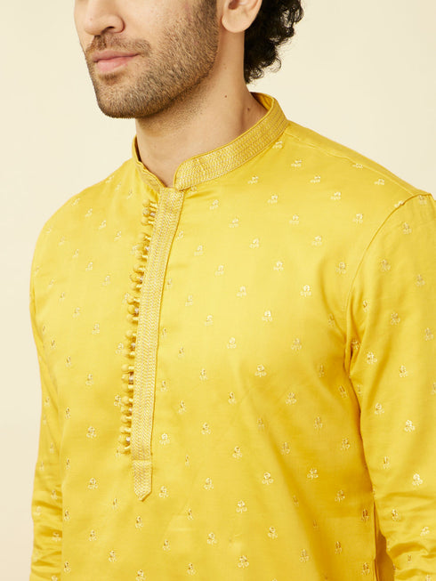 Manyavar Yellow Cotton Kurta Pajama with Embroidery