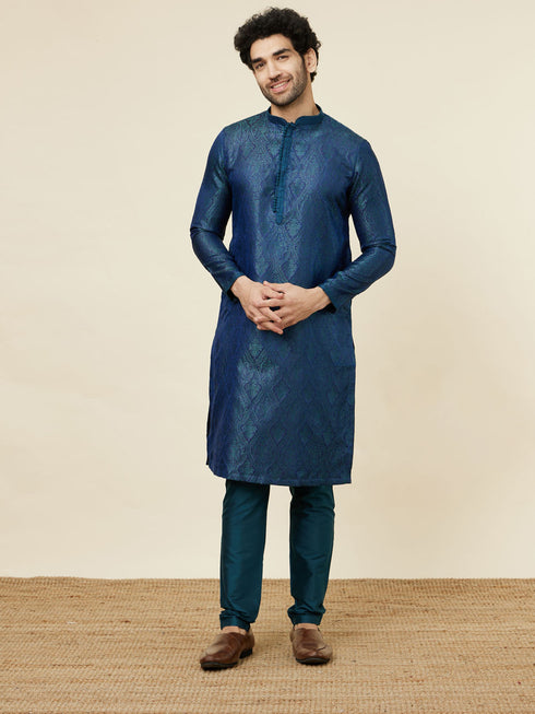 Manyavar Cobalt Blue Medallion Patterned Kurta Set