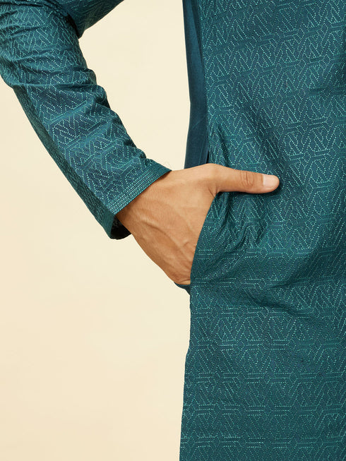 Manyavar Teal Green Self Patterned Kurta Set