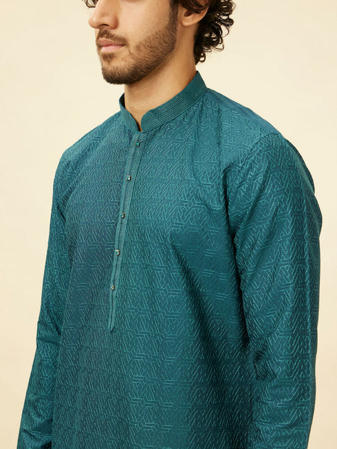 Manyavar Teal Green Self Patterned Kurta Set
