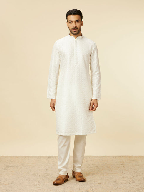 Manyavar White Self Patterned Kurta Set