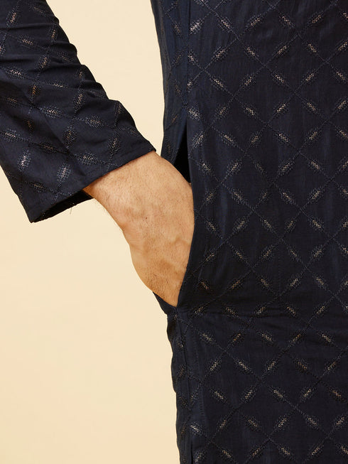 Manyavar Navy Blue Shimmery Lattice Patterned Kurta Set
