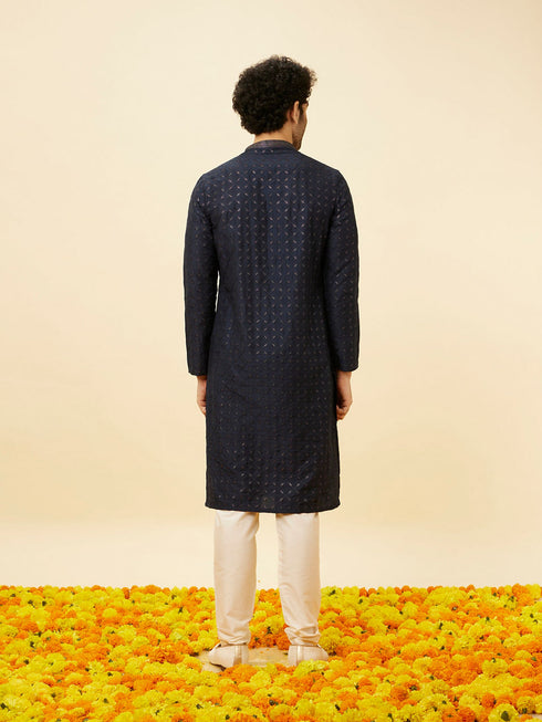 Manyavar Navy Blue Shimmery Lattice Patterned Kurta Set