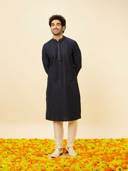 Manyavar Navy Blue Shimmery Lattice Patterned Kurta Set