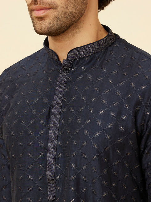 Manyavar Navy Blue Shimmery Lattice Patterned Kurta Set