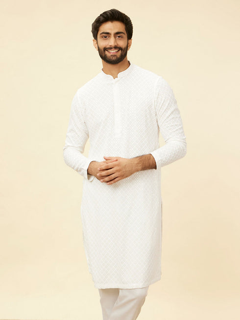 Manyavar Star White Chikankari Embroidered Sequinned Kurta Set