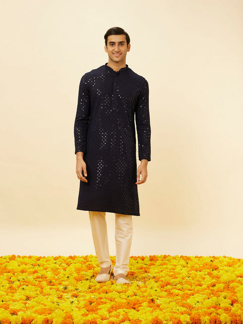 Manyavar Midnight Blue Sequined Kurta Set