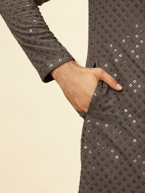 Manyavar Ash Grey Chikankari Embroidered Sequinned Kurta Set