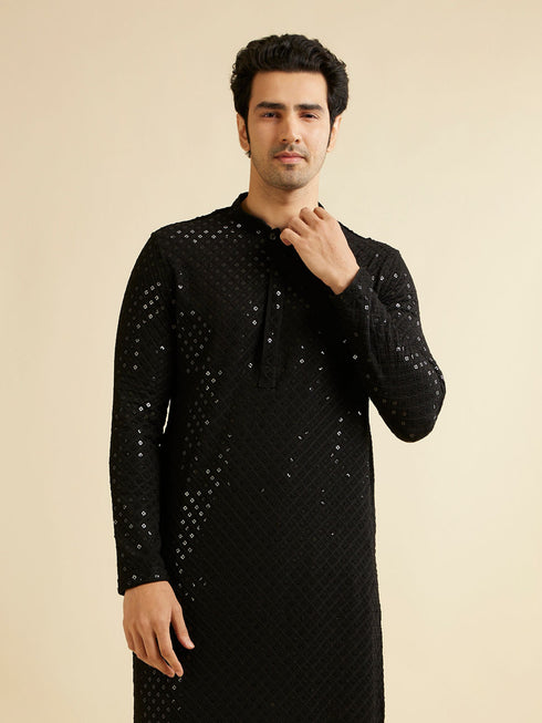 Manyavar Midnight Black Chikankari Embroidered Sequinned Kurta Set