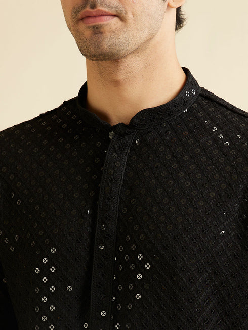 Manyavar Midnight Black Chikankari Embroidered Sequinned Kurta Set