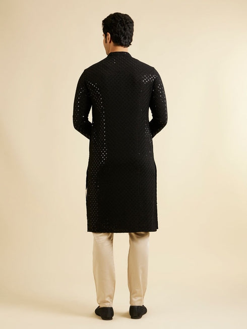 Manyavar Midnight Black Chikankari Embroidered Sequinned Kurta Set