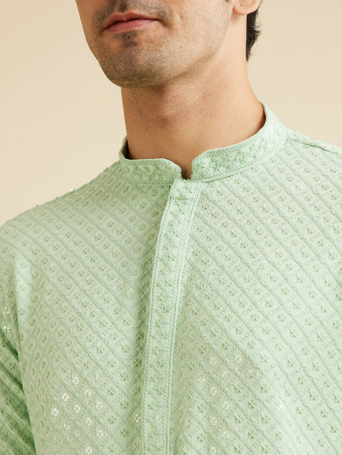 Manyavar Light Mid Green Chikankari Embroidered Sequinned Kurta Set