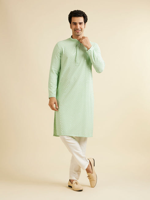 Manyavar Light Mid Green Chikankari Embroidered Sequinned Kurta Set