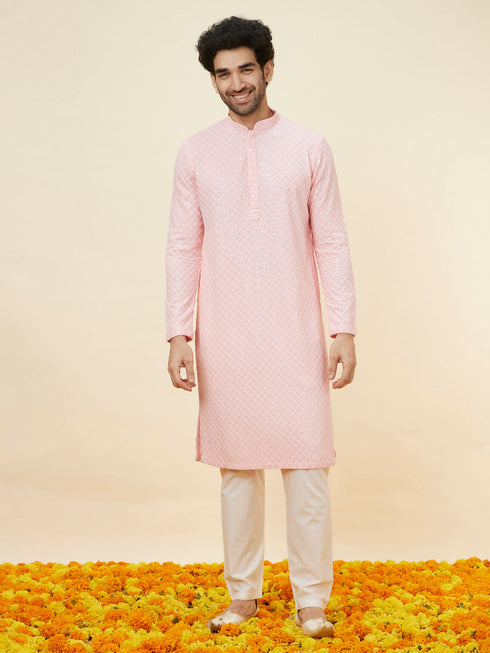 Manyavar Flamingo Pink Chikankari Embroidered Kurta Set
