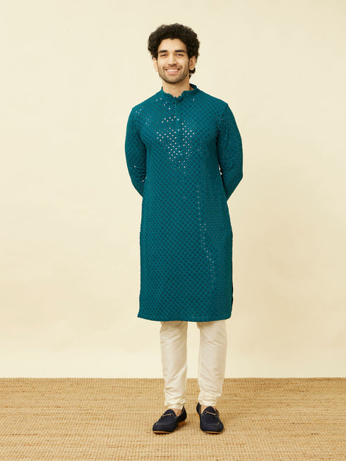 Manyavar Teal Blue Chikankari Patterned Kurta Set