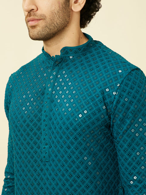 Manyavar Teal Blue Chikankari Patterned Kurta Set