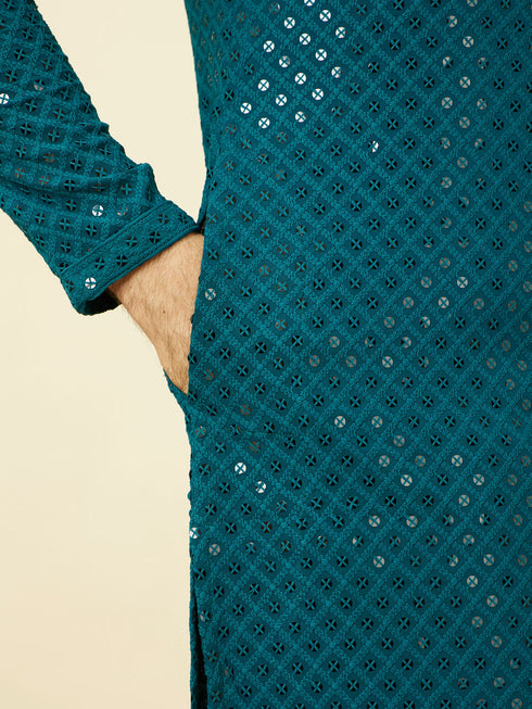 Manyavar Teal Blue Chikankari Patterned Kurta Set