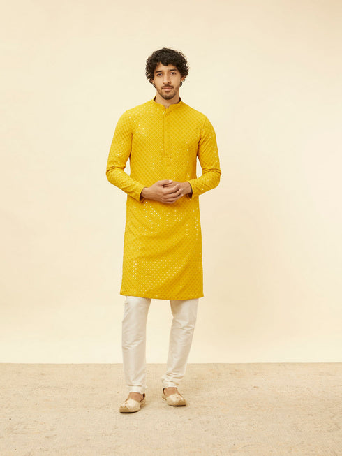 Manyavar Sunglow Yellow Chikankari Embroidered Sequinned Kurta Set