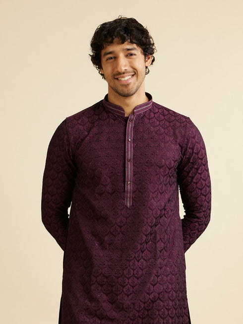 Manyavar Dark Purple Jaal Patterned Kurta Set with Rhinestones