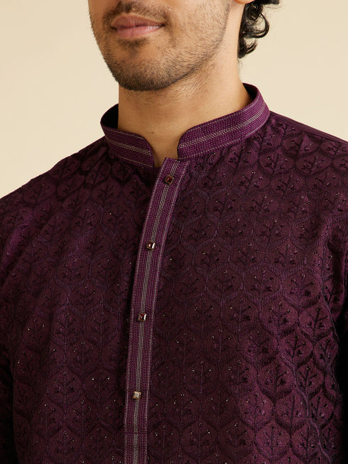 Manyavar Dark Purple Jaal Patterned Kurta Set with Rhinestones