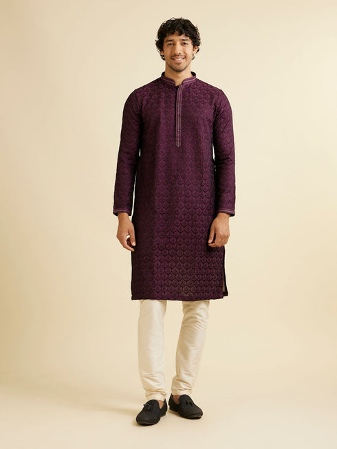 Manyavar Dark Purple Jaal Patterned Kurta Set with Rhinestones