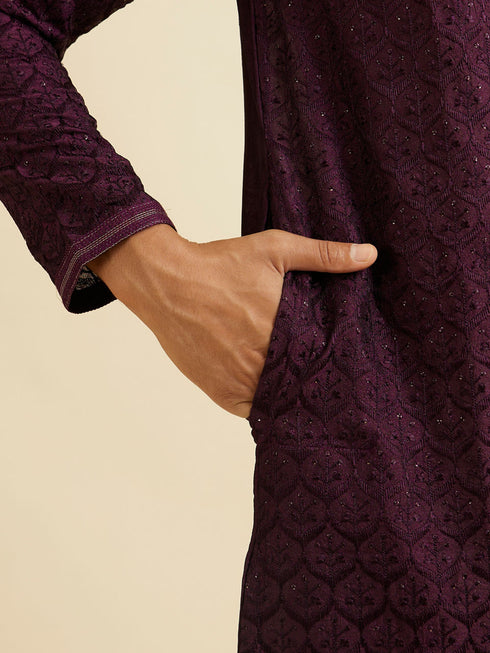 Manyavar Dark Purple Jaal Patterned Kurta Set with Rhinestones