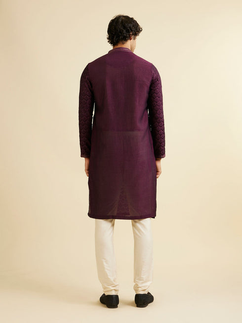 Manyavar Dark Purple Jaal Patterned Kurta Set with Rhinestones