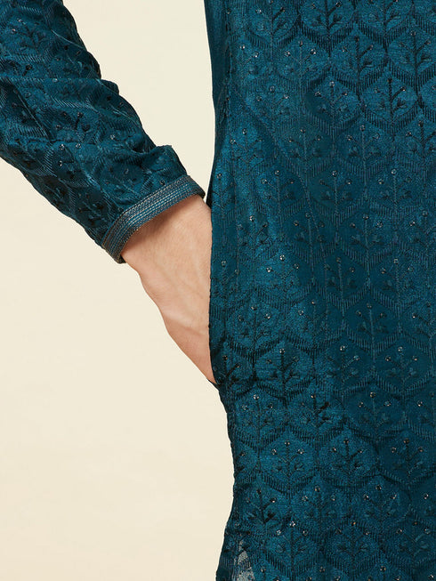 Manyavar Teal Blue Leaf Jaal Patterned Kurta Set