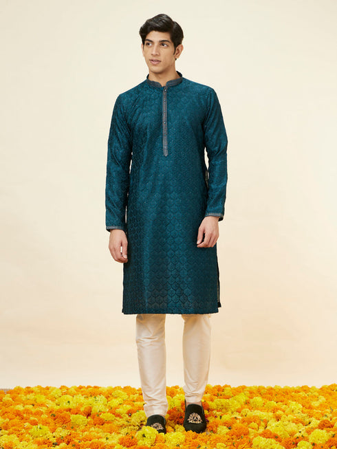 Manyavar Teal Blue Leaf Jaal Patterned Kurta Set