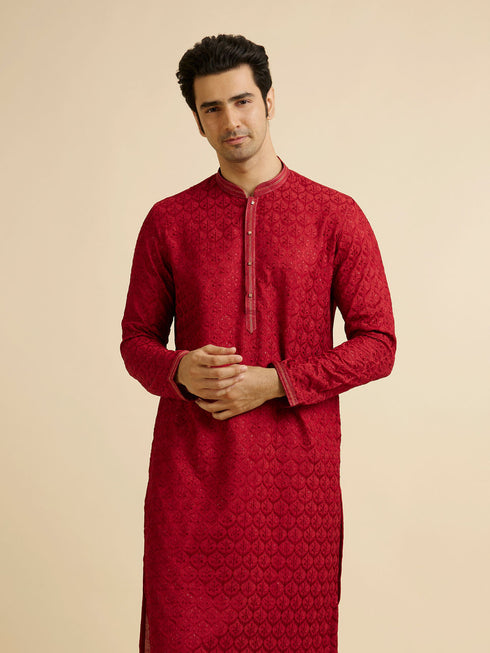 Manyavar Red Medallion Patterned Kurta Set with Rhinestones