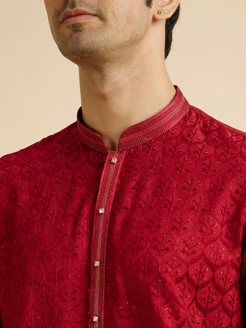 Manyavar Red Medallion Patterned Kurta Set with Rhinestones