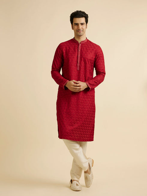 Manyavar Red Medallion Patterned Kurta Set with Rhinestones