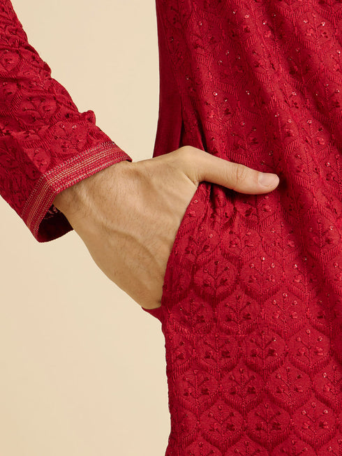 Manyavar Red Medallion Patterned Kurta Set with Rhinestones