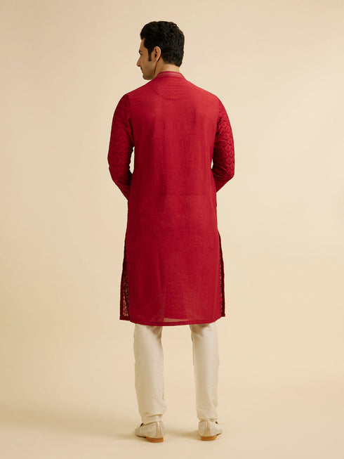 Manyavar Red Medallion Patterned Kurta Set with Rhinestones