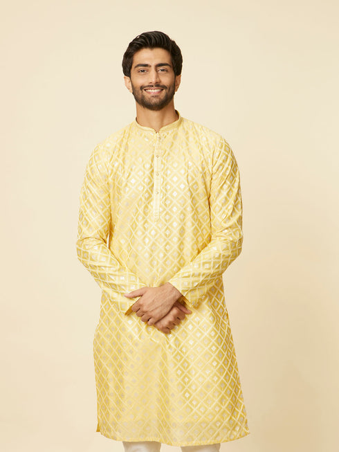 Manyavar Sunny Yellow Grid Patterned Kurta Set