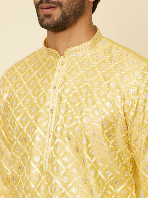Manyavar Sunny Yellow Grid Patterned Kurta Set