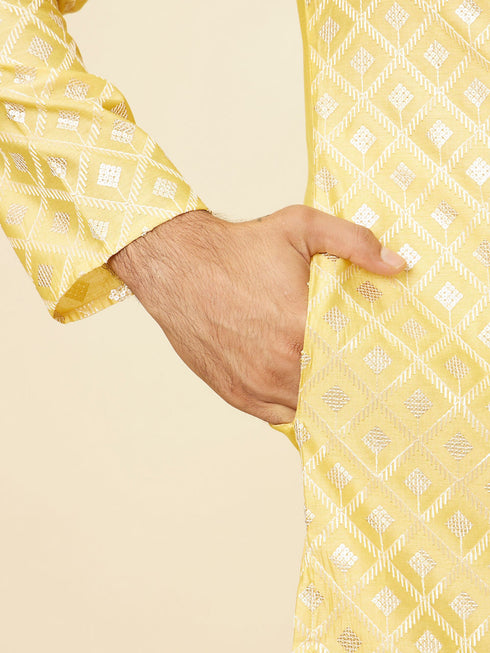 Manyavar Sunny Yellow Grid Patterned Kurta Set