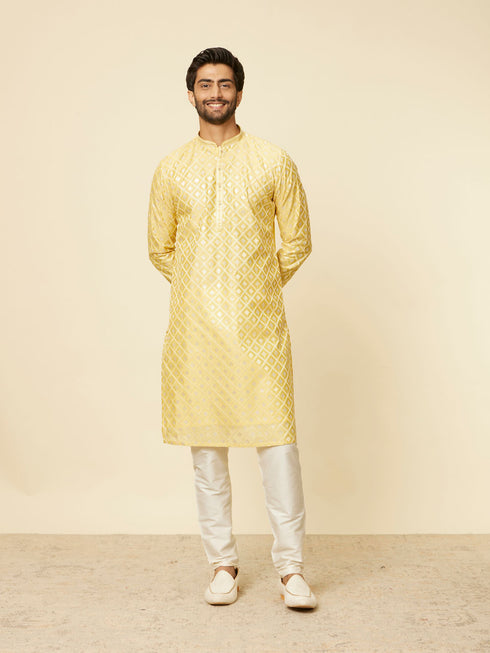 Manyavar Sunny Yellow Grid Patterned Kurta Set