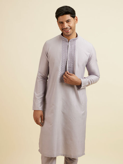Manyavar Lilac Stripped Kurta Set with Sequins Work