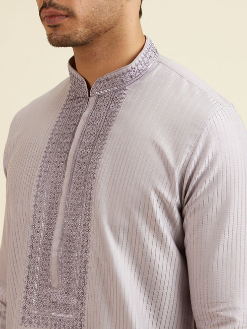 Manyavar Lilac Stripped Kurta Set with Sequins Work