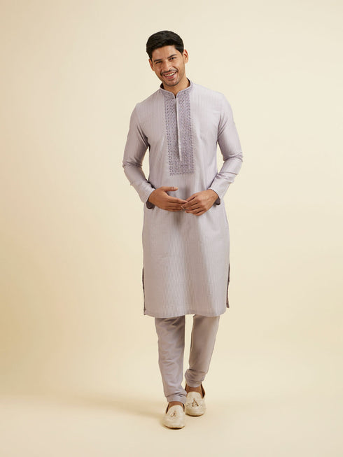 Manyavar Lilac Stripped Kurta Set with Sequins Work