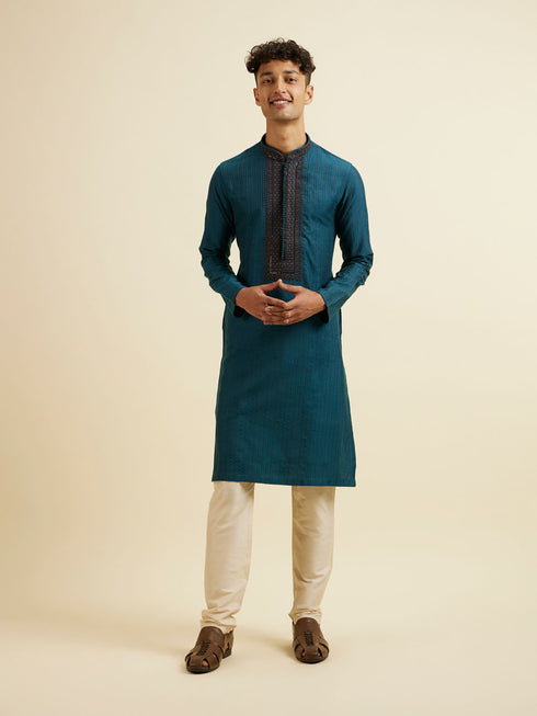 Manyavar Teal Blue Striped Kurta Set