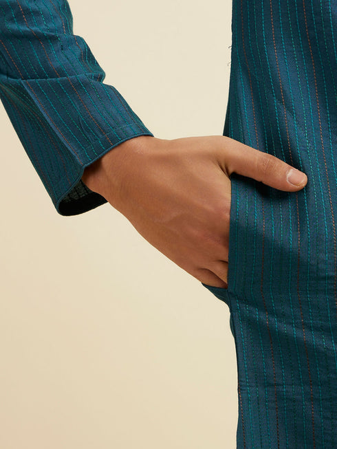 Manyavar Teal Blue Striped Kurta Set